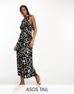 ASOS DESIGN Tall - Midi-Sommerkleid aus Leinen mit Zierausschnitt, gerafftem Detail und abstraktem Blumenmuster-Bunt