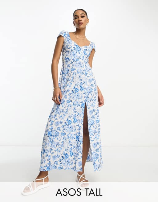 ASOS DESIGN Tall - Midi sweetheart-jurk van viscose met split aan de  voorkant en blauwe bloemenprint | ASOS