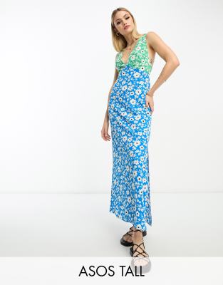 ASOS DESIGN Tall - Midi-Trägerkleid mit Rückenausschnitt und Print-Mix-Bunt