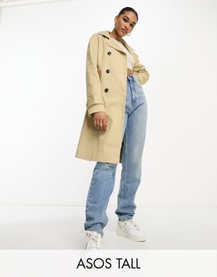 ASOS DESIGN Tall midi trench coat in stone-Neutral