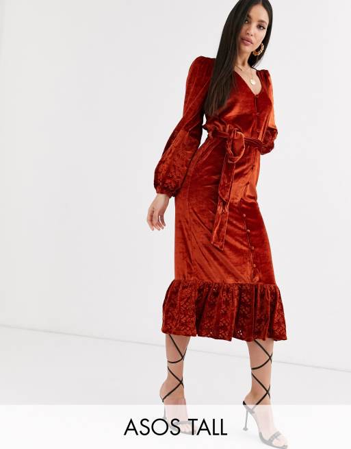 Asos Design Tall Midi Wrap Dress In Velvet Broderie In Rust Asos