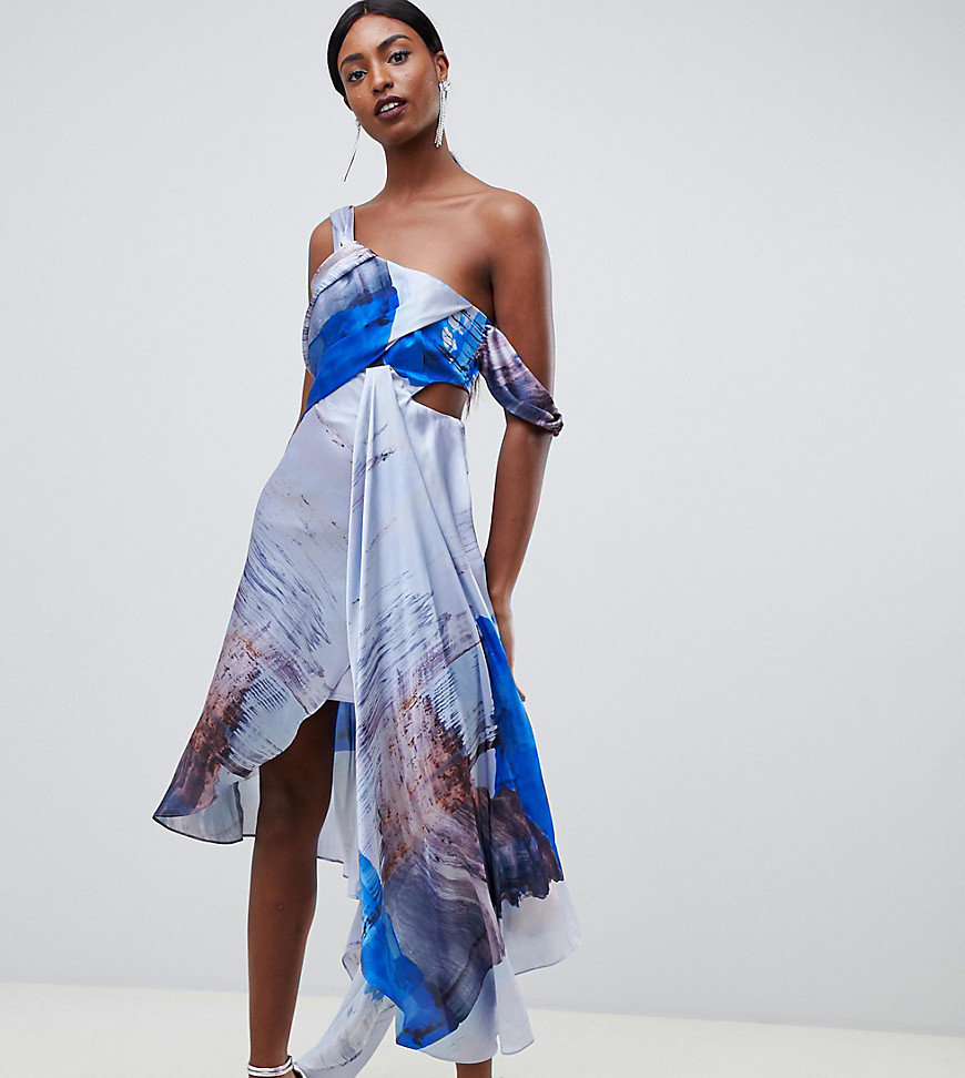 ASOS DESIGN – Tall – midiklänning med abstrakt mönster och draperande axel-Flerfärgad