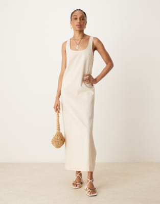 ASOS DESIGN Tall - Midikleid aus Baumwollleinen in Hellbeige mit U-Ausschnitt-Neutral