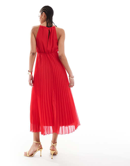 ASOS DESIGN Tall – Midikleid aus plissiertem Chiffon in Rot mit Neckholder-Träger, 3 von 4