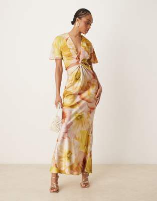 ASOS DESIGN Tall - Midikleid aus Satin in Goldgelb geblümt mit Cut-out und Knotendetail-Bunt