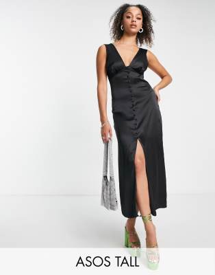 ASOS DESIGN Tall - Midikleid aus Satin mit Knopfleiste in Schwarz