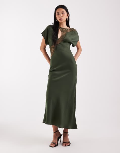 ASOS DESIGN Tall Midikleid aus Satin mit Spitzenapplikation, angeschnittenen Ärmeln und schrägem Schnitt in Dunkelgrün - view 1
