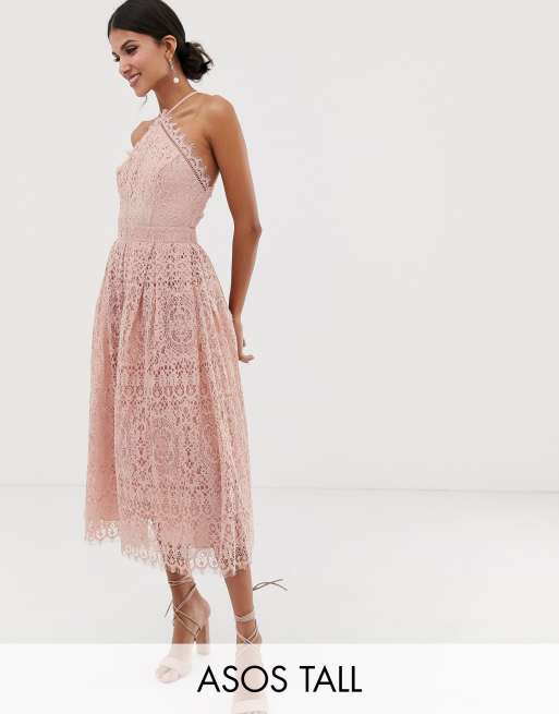 Asos Design Tall Midikleid Aus Spitze Mit Latz Oberteil Asos