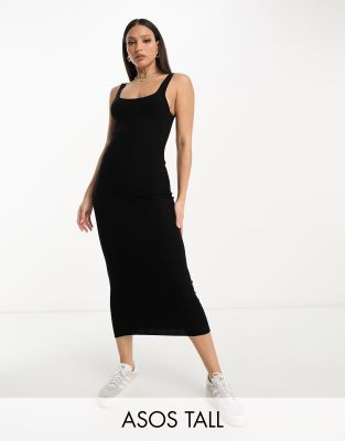 ASOS DESIGN Tall - Midikleid aus Strickmaterial in Schwarz mit eckigem Ausschnitt-Black