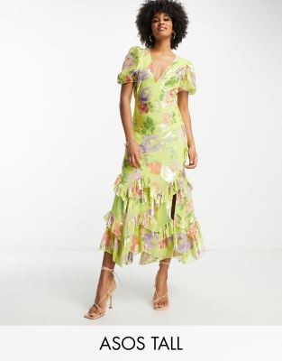 ASOS DESIGN Tall - Midikleid in Grün mit Metallic-Rosenprint und Rüschensaum-Bunt