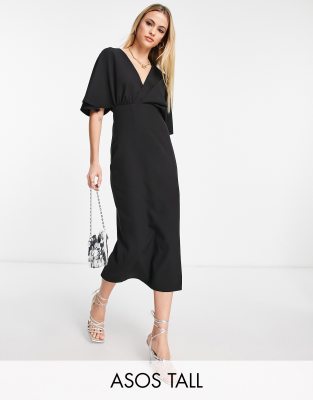 ASOS DESIGN Tall - Midikleid in Schwarz mit Faltendetail und Blousonärmeln