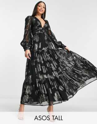 ASOS DESIGN Tall - Midikleid in Schwarz mit Metallic-Raffungsband, Puffärmeln und Bindedetail am Rücken