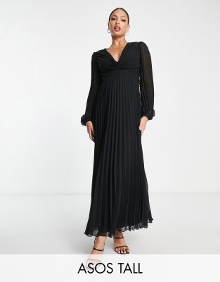 ASOS DESIGN Tall - Midikleid in Schwarz mit plissiertem Hauptteil und tiefem Ausschnitt