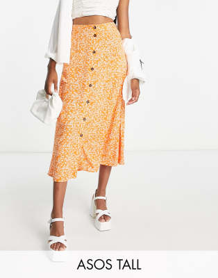 ASOS DESIGN Tall - Midirock in Orange mit durchgehender Knopfleiste, Taschen und Blümchenmuster-Bunt