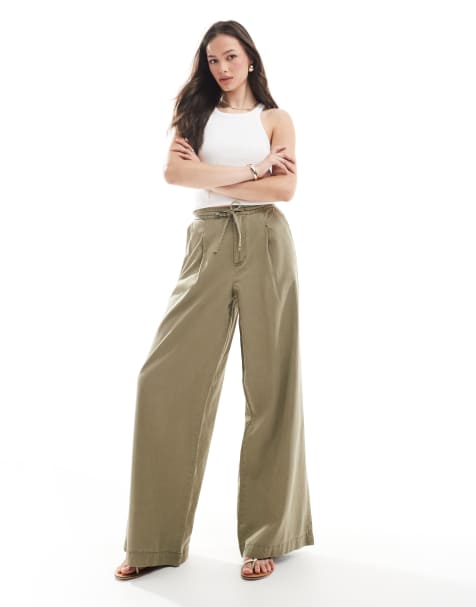 ASOS DESIGN Tall soft wide leg trouser in washed khaki