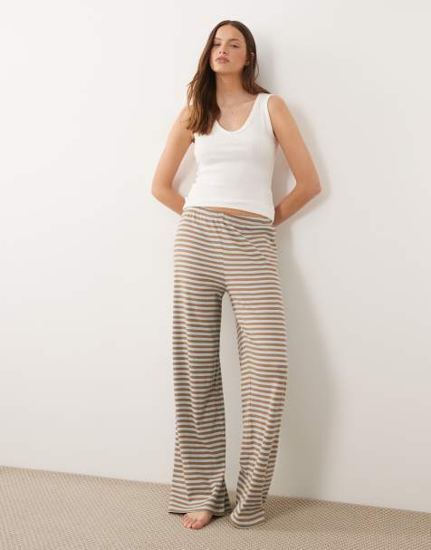 ASOS DESIGN Tall – Mieszaj i łącz – Spodnie od piżamy z szerokimi nogawkami w miętowo-camelowe paski - view 1