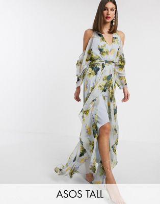 ASOS DESIGN Tall – Miętowa sukienka maxi z odsłoniętymi ramionami i  nadrukiem w kwiatki | ASOS