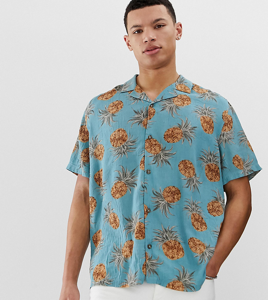 ASOS DESIGN Tall - Mike - Camicia blu polvere con stampa di ananas vestibilità classica