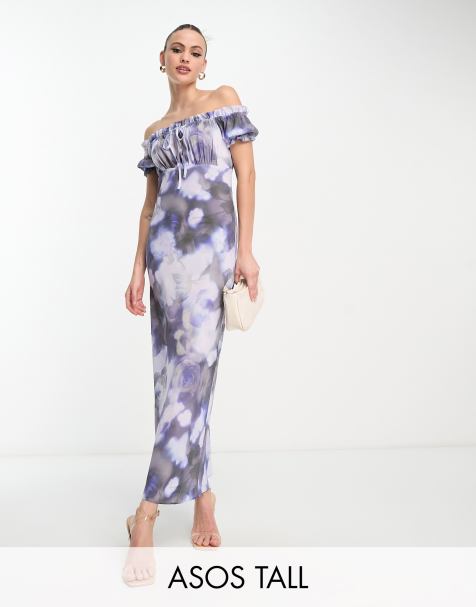 ASOS DESIGN Tall milkmaid square neck midi dress with tie front neck in blue floral - view 1