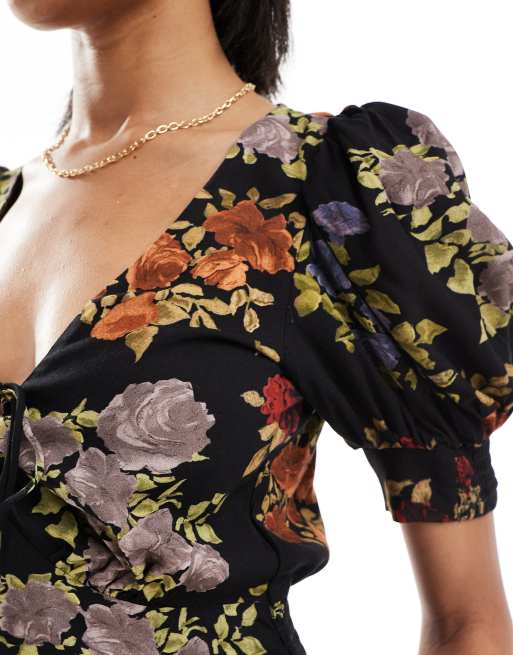 ASOS DESIGN Tall milkmaid tie up mini dress in black print, 2 of 4