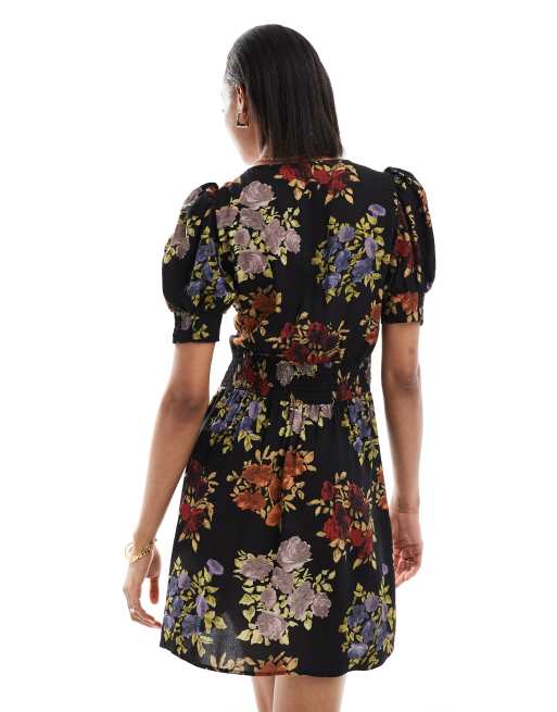 ASOS DESIGN Tall milkmaid tie up mini dress in black print, 4 of 4