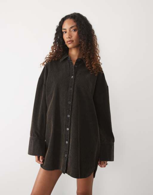 ASOS DESIGN Tall mini abito camicia oversize in corduroy nero slavato, 3 di 4