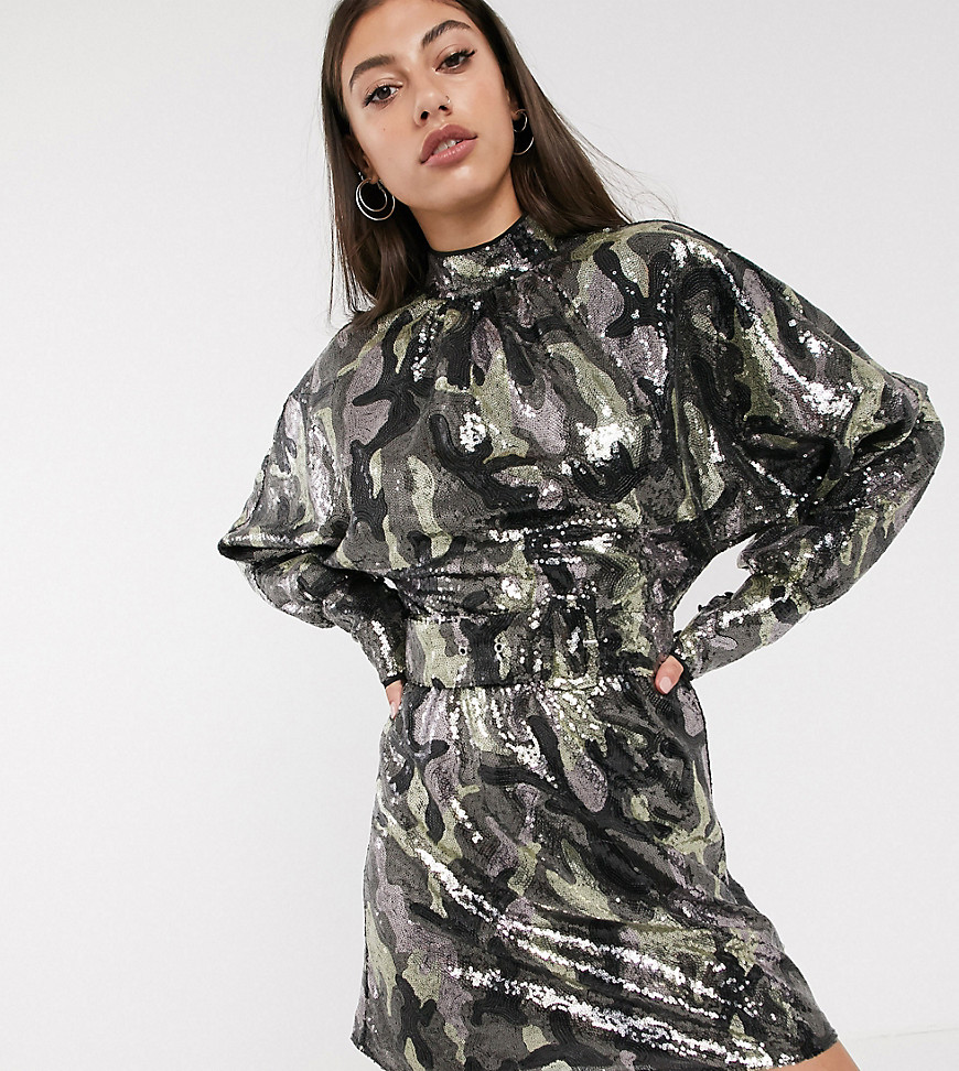 ASOS DESIGN Tall mini dress in camo sequin in slouchy fit with belt-Multi
