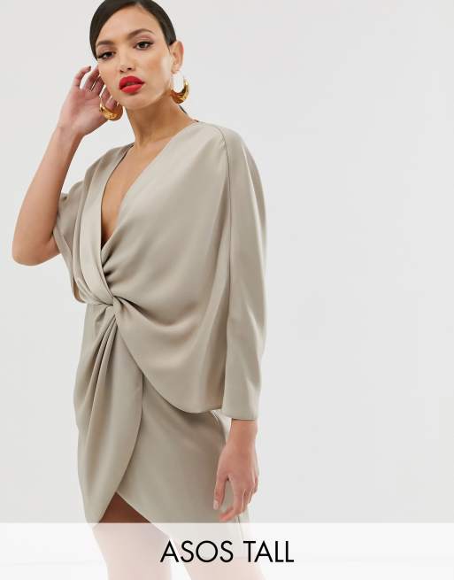 ASOS DESIGN Tall mini dress in satin with asymmetric kimono sleeve | ASOS