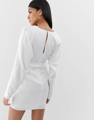 asos design mini dress with batwing sleeve and wrap waist in satin