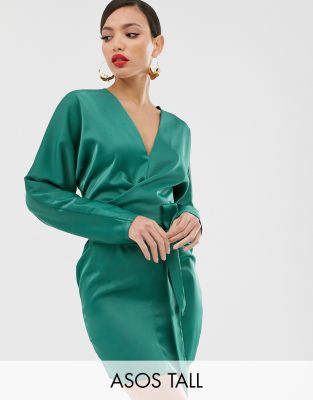 asos design mini dress with batwing sleeve and wrap waist in satin