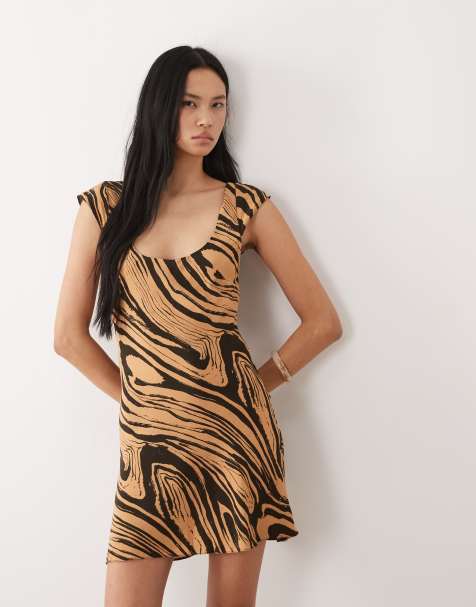 ASOS DESIGN Tall mini dress with cap sleeves in brown abstract print