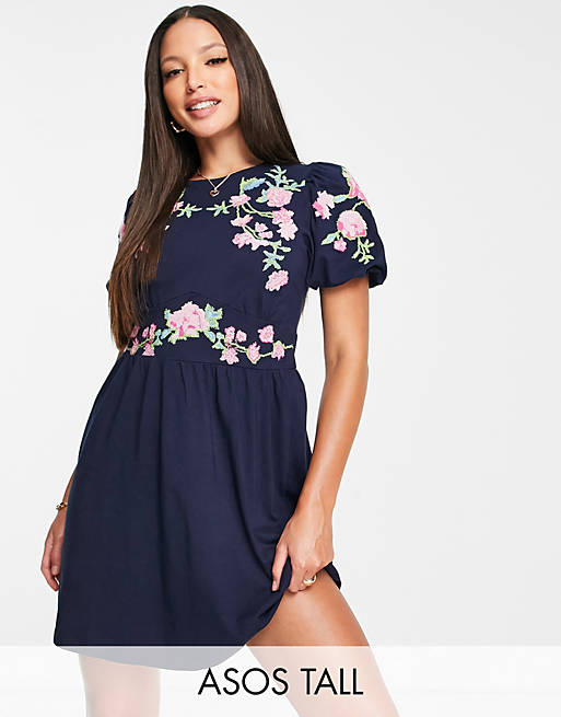 ASOS DESIGN Tall mini dress with puff sleeve and cross stitch embroidery in navy