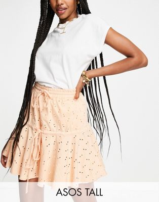 ASOS DESIGN Tall broderie tiered mini skirt with tie detail in apricot - ASOS Price Checker