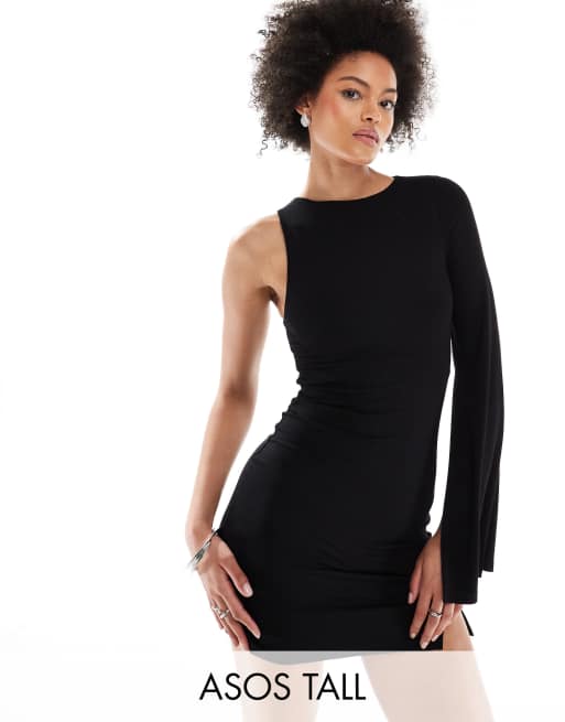 ASOS DESIGN Tall - Mini jurk met één mouw en gestrikte zijkant in zwart