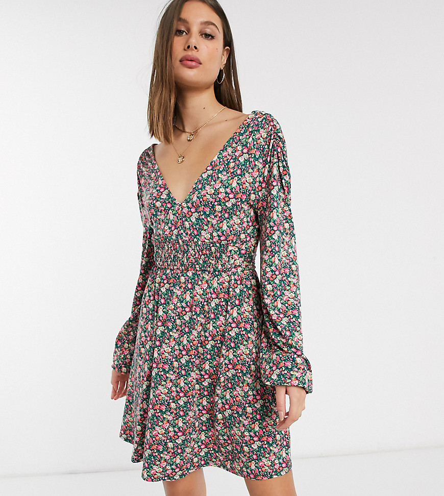 ASOS DESIGN Tall - Mini-jurk met lange mouwen, geplooide taille en fijne print-Multi