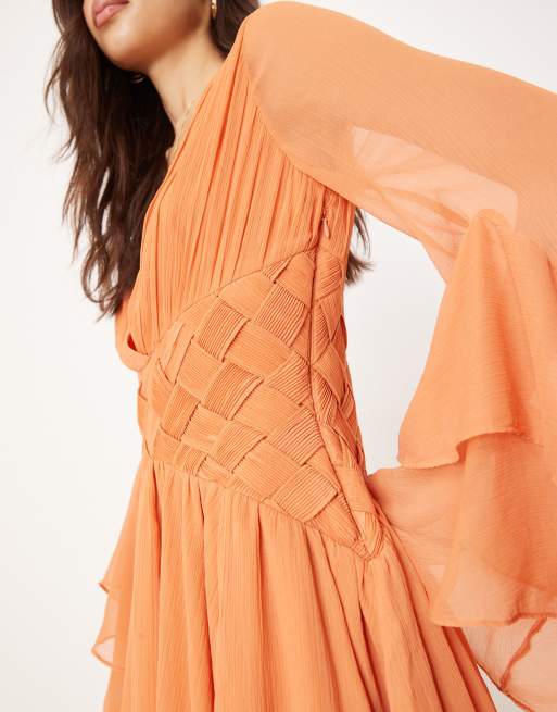 ASOS DESIGN Tall - Mini jurk met ruches, stroken en geweven detail in terracotta, 4 van 4