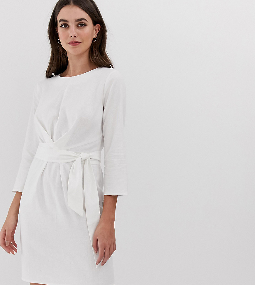 Asos Tall - Asos design tall - mini-jurk met striktaille van linnen-wit