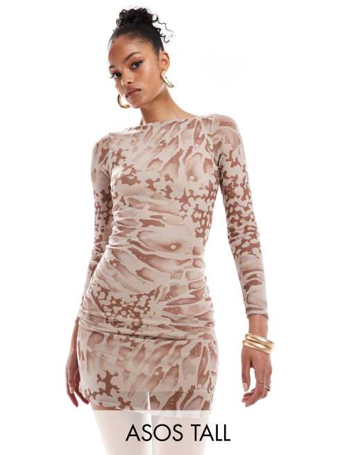 ASOS DESIGN Tall - Mini-jurk van mesh met uitlopende mouwen in dierenprint