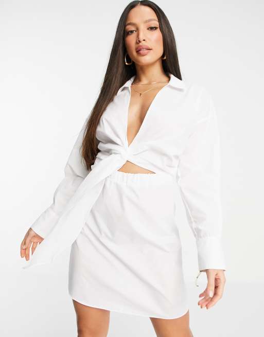 ASOS DESIGN Tall - Mini-overhemdjurk met kraagje en gedrapeerde strik voor van popeline in wit, 4 van 4
