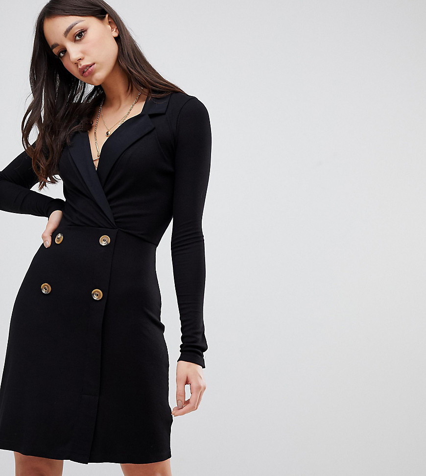 ASOS DESIGN Tall mini rib double breasted blazer dress with faux horn buttons-Black