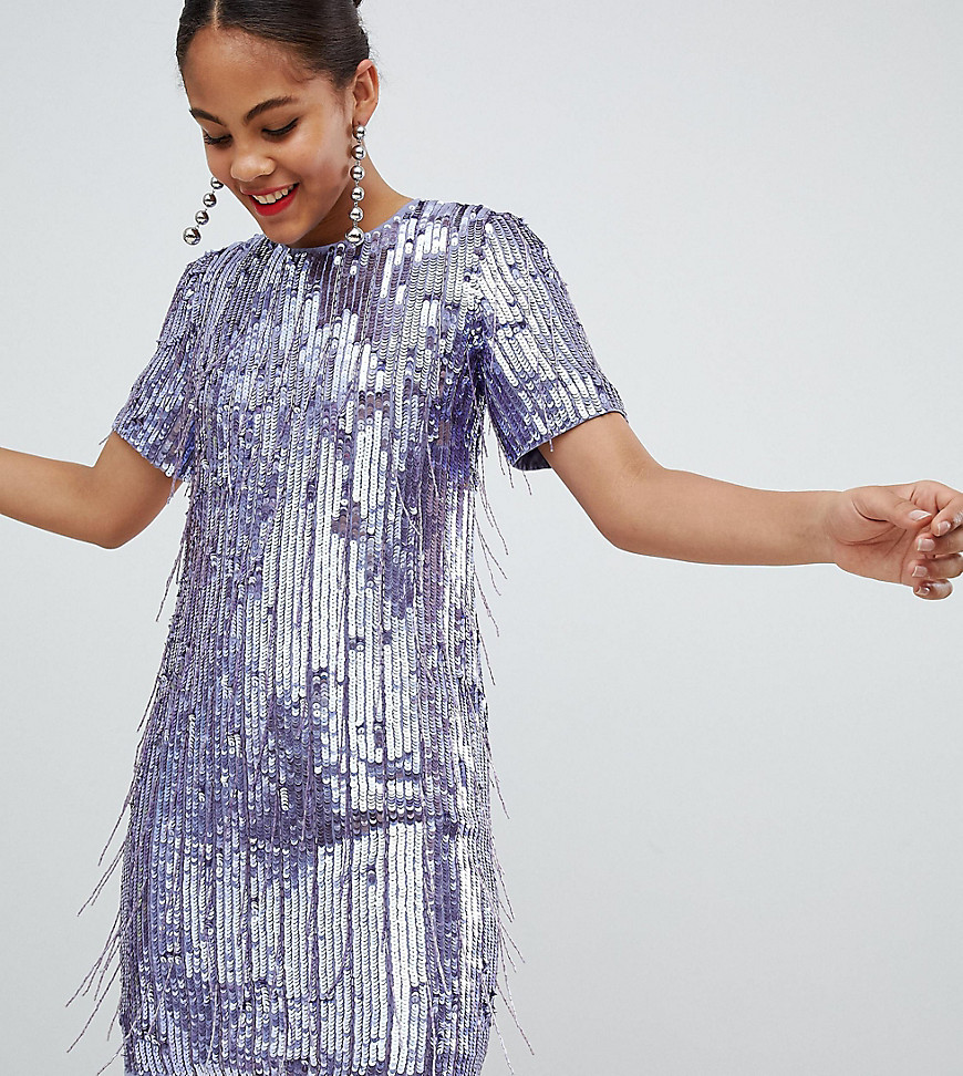 ASOS DESIGN Tall mini shift dress in heavily embellished fringed sequin-Purple