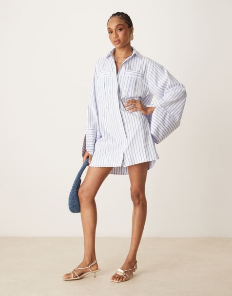 ASOS DESIGN Tall mini shirt dress with wide cuffs and oversized pockets in blue stripe - view 1