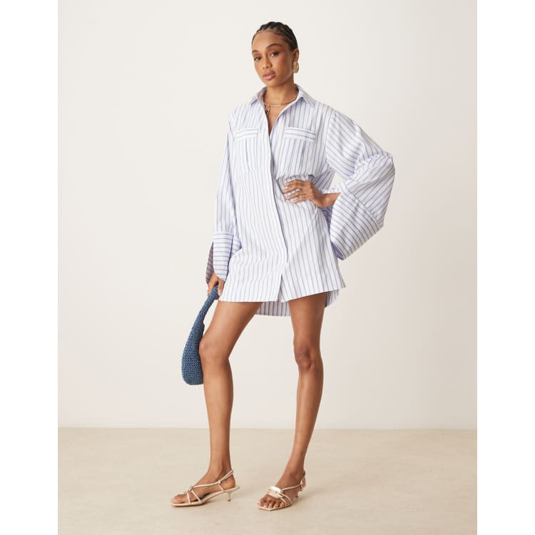 blue blouse dress with flowers cuffed sleeves Alice + Olivia Lucy Cuffed Cap Sleeve Mini Shirt Dress in Blooming Wild  Indigo