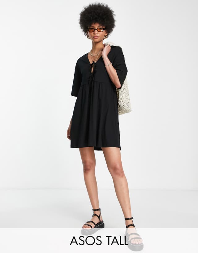 ASOS DESIGN Tall mini smock dress with double tie detail in black