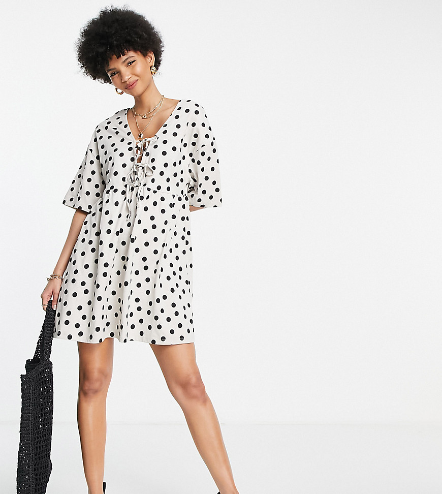 ASOS DESIGN Tall mini smock dress with double tie detail in stone and black spot-Multi