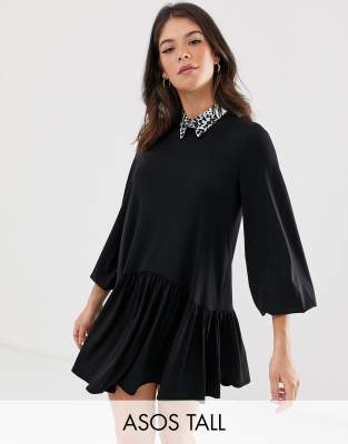 ASOS DESIGN Tall mini smock dress with mono leopard collar-Black