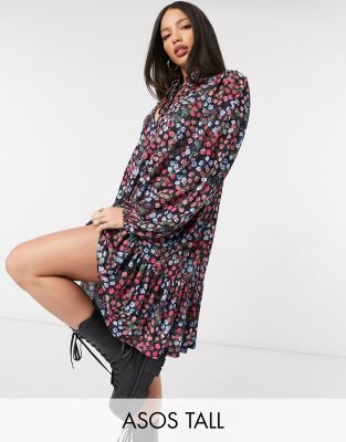 Asos Tall Asos Design Tall Mini Smock Dress With Pep Hem And Tie Neck Detail In Black Pink And Blue Floral ModeSens