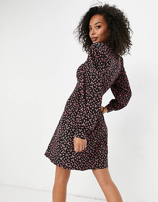  Tall mini tea dress with button detail in khaki and pink ditsy print 
