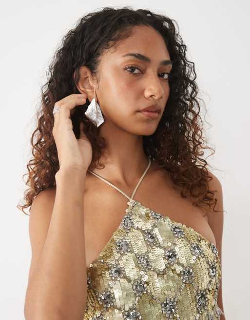 ASOS DESIGN Tall Minikleid mit Diamantfransen, Neckholder und Paillettenbesatz in Gold, 3 von 4