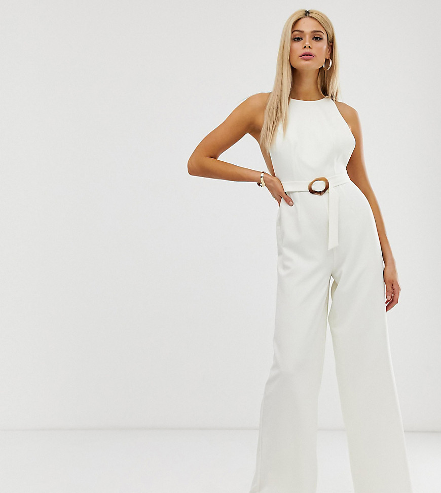ASOS DESIGN Tall minimal arm hole wide leg jumpsuit with buckle detail-White